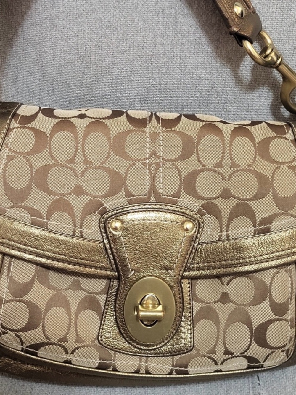 Coach Brown Signature Canvas Shoulder Bag with Metallic Gold Trim